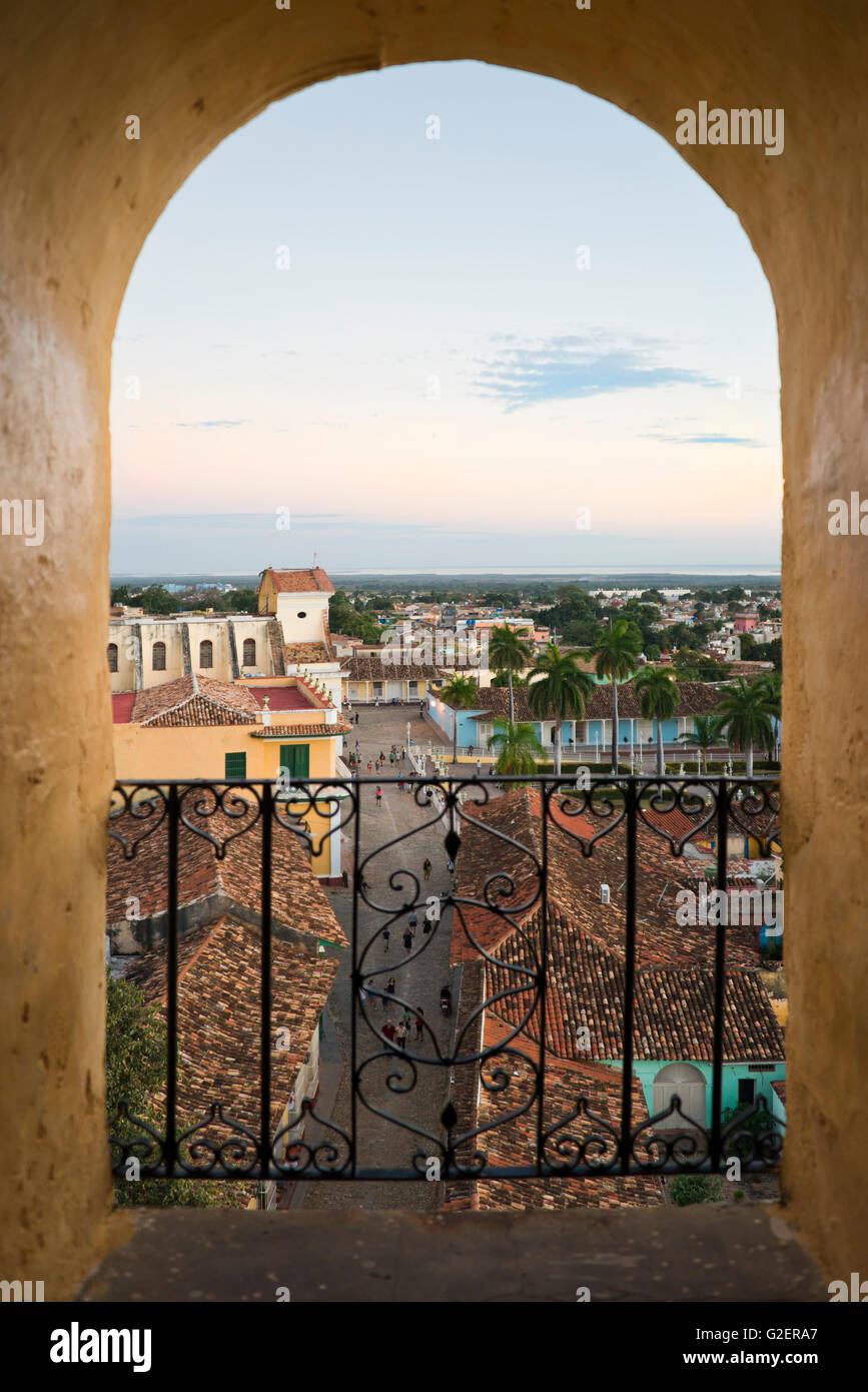Vertical aerial view through a window of Plaza Mayor in Trinidad, Cuba. Stock Photo