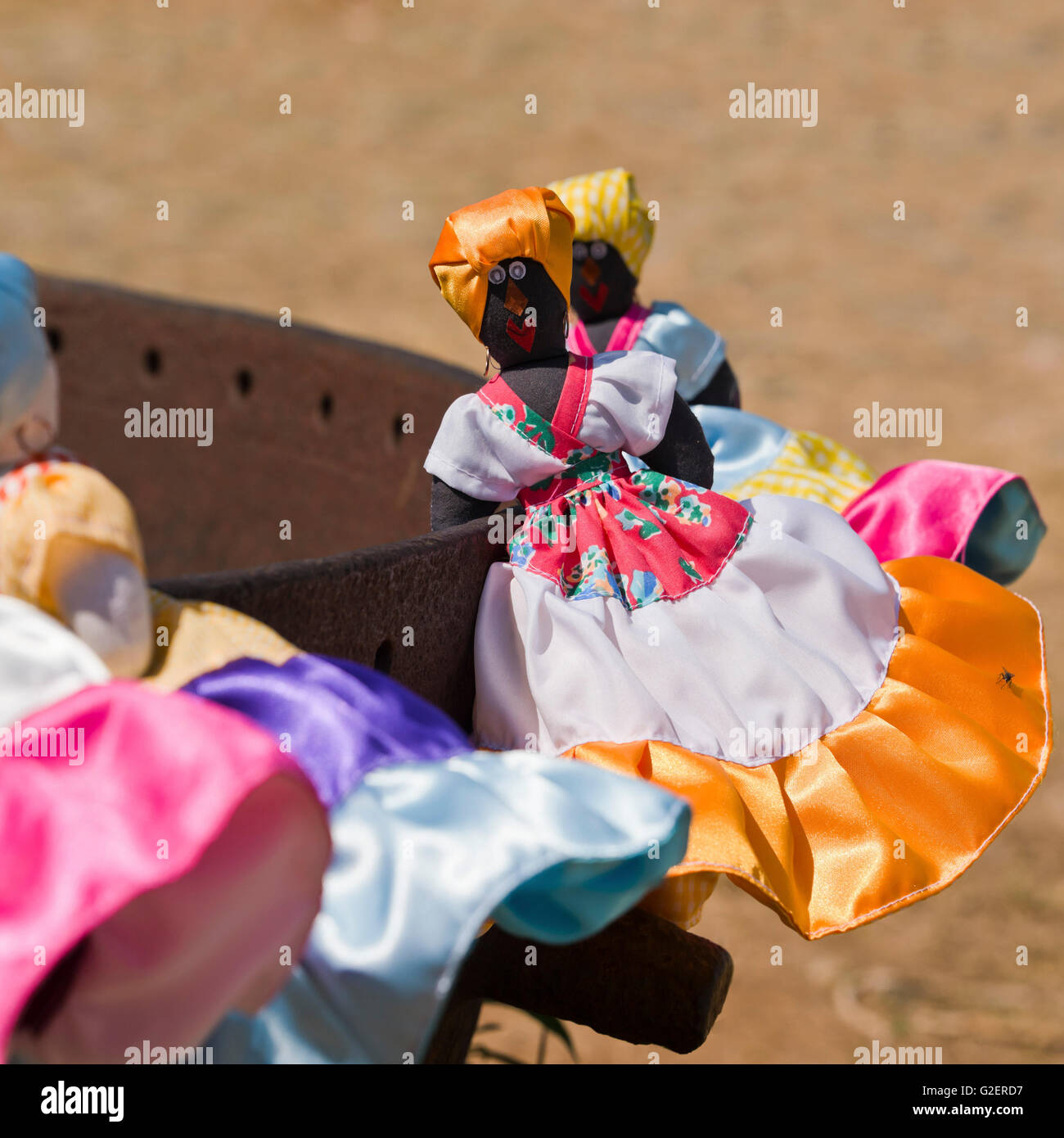 Square view of black ethnic handmade dolls for sale in Valle De Los Ingenios, Cuba. Stock Photo