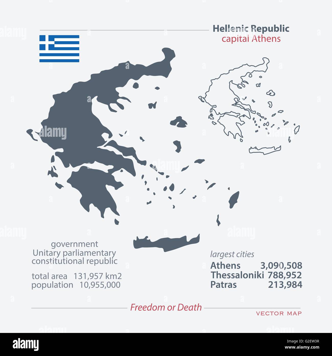 Hellenic Republic isolated maps and official flag icon. vector Greece political map icons with general information. European cou Stock Vector