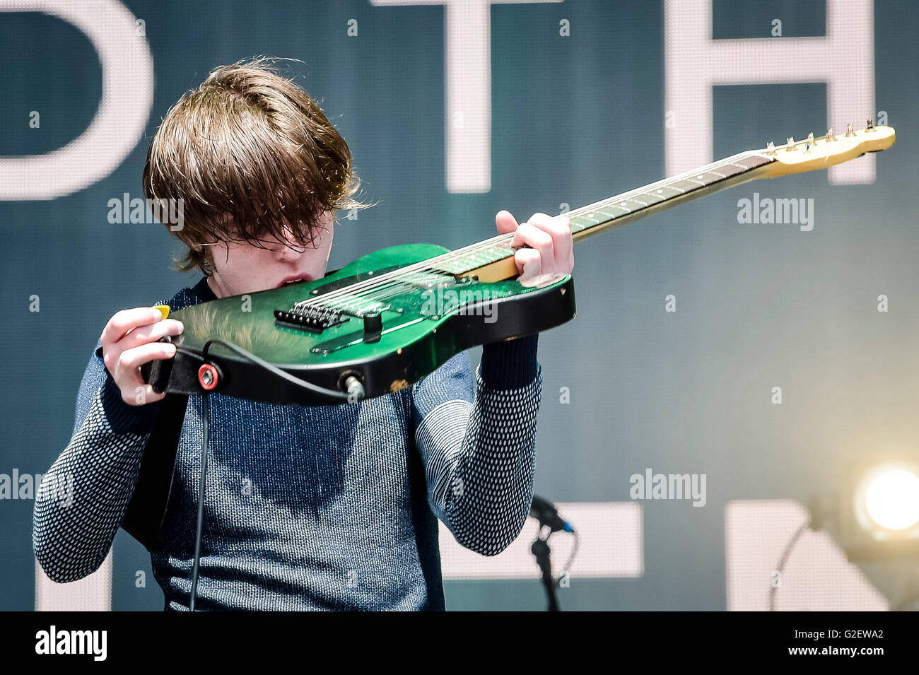 Lead singer of Catfish and the Bottlemen Ryan Evan McCann performs onstage during BBC Radio 1's Big Weekend at Powderham Castle in Exeter. Stock Photo