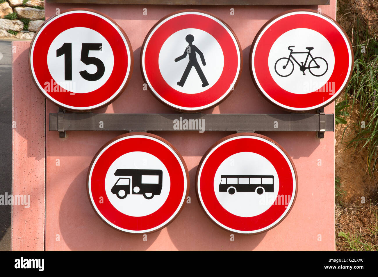 Red and White Pedestrian, Speed Bike, Caravan, Bus and Coach Prohibition Traffic Sign Stock ...