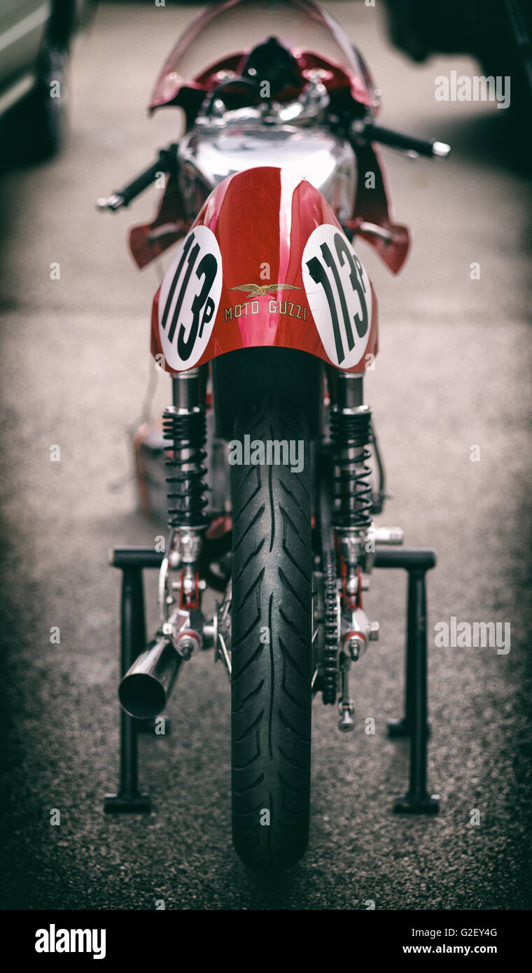 Vintage racing Moto Guzzi motorcycle at Mallory Park race track, England. Vintage filter applied Stock Photo