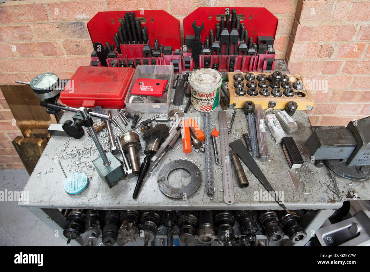 Engineering tools on a workbench at a vintage Bentley restoration workshop at Bicester Heritage Centre. Oxfordshire, England. Stock Photo