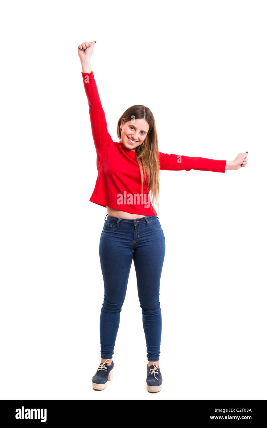 Studio shot Happy woman with raised arms Stock Photo - Alamy