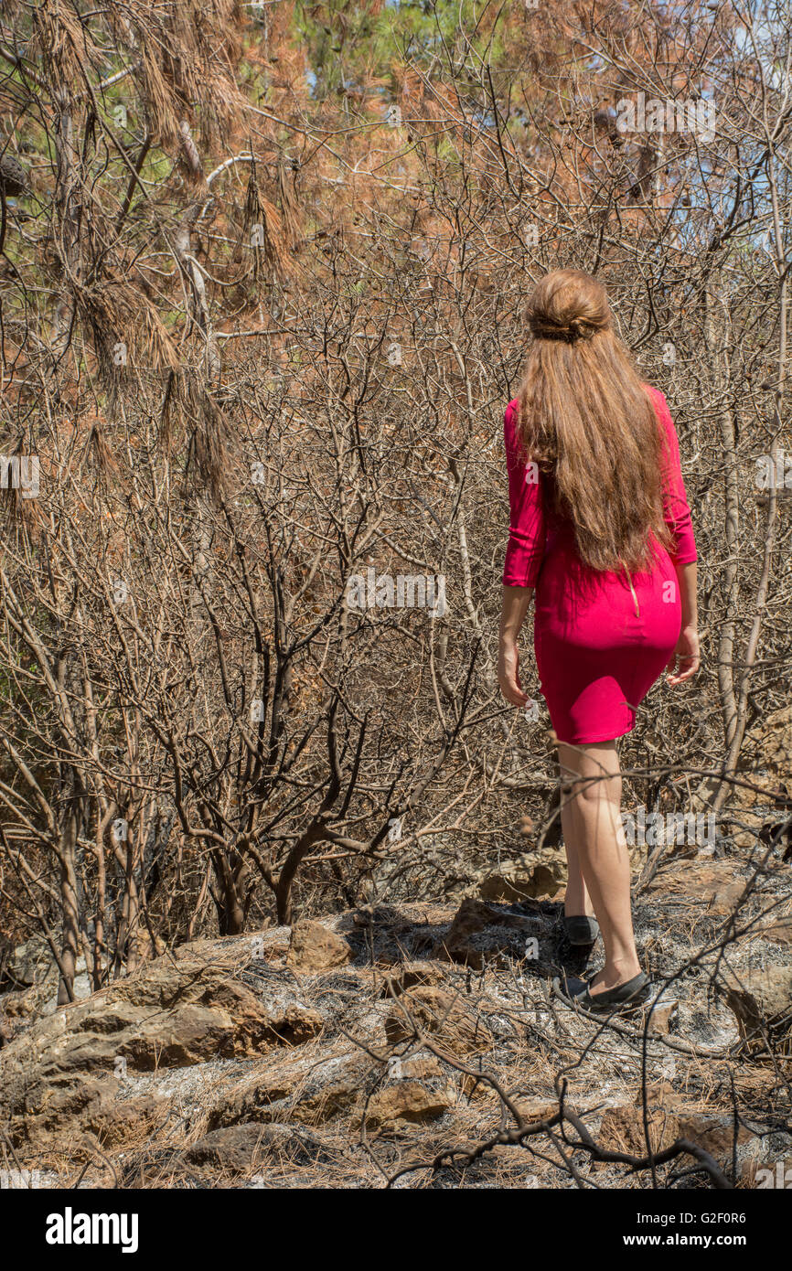 Young woman in red dress walking in the forest Stock Photo