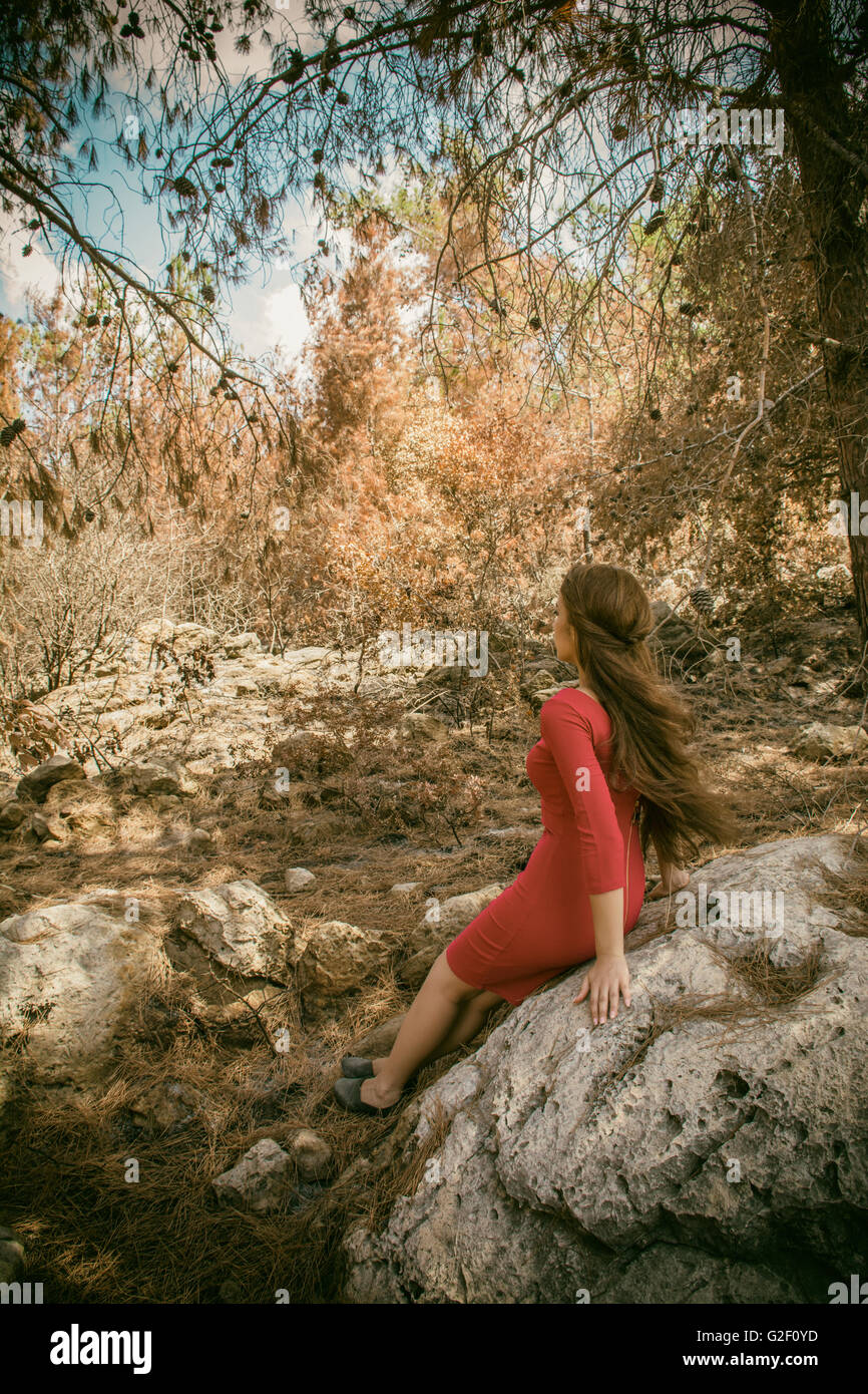 Woman in red dress sat in the forest alone Stock Photo - Alamy