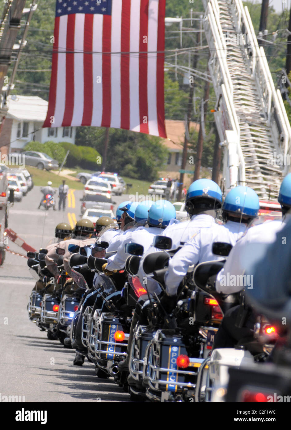 Scores of Motorcycle policemen in a police funeral in Beltsville, Maryland Stock Photo