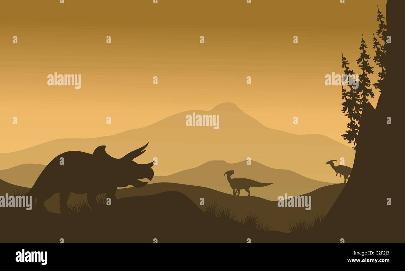 Parasaurolophus and Triceratops in hills of silhouette Stock Vector ...