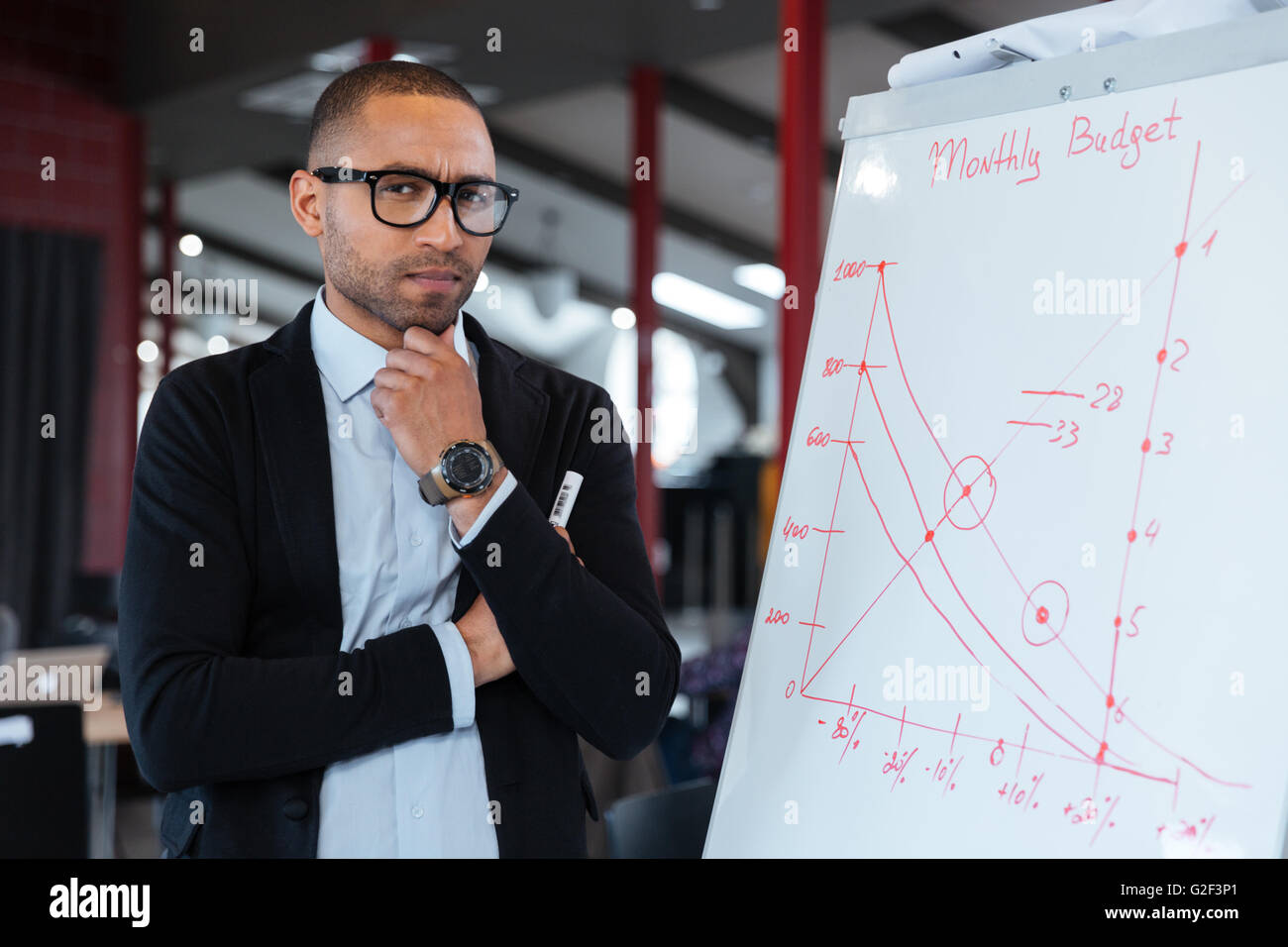 Pensive businessman thinking about something at the flipchart in the office Stock Photo