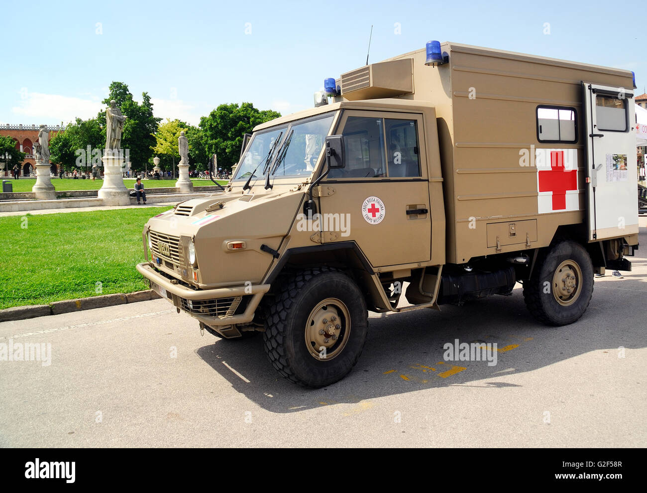 Padova, Italy. An Iveco Daily Vm 4x4 Military Red Cross ambulance in Prato della Valle. Stock Photo