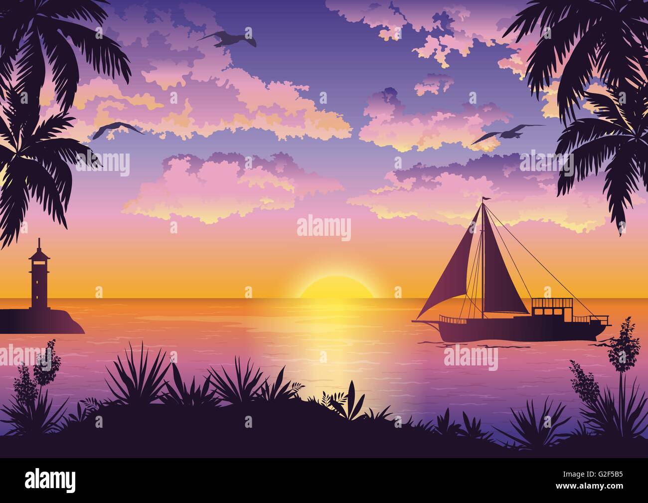 Tropical Sea Landscape with Palms and Ship Stock Vector Image & Art - Alamy