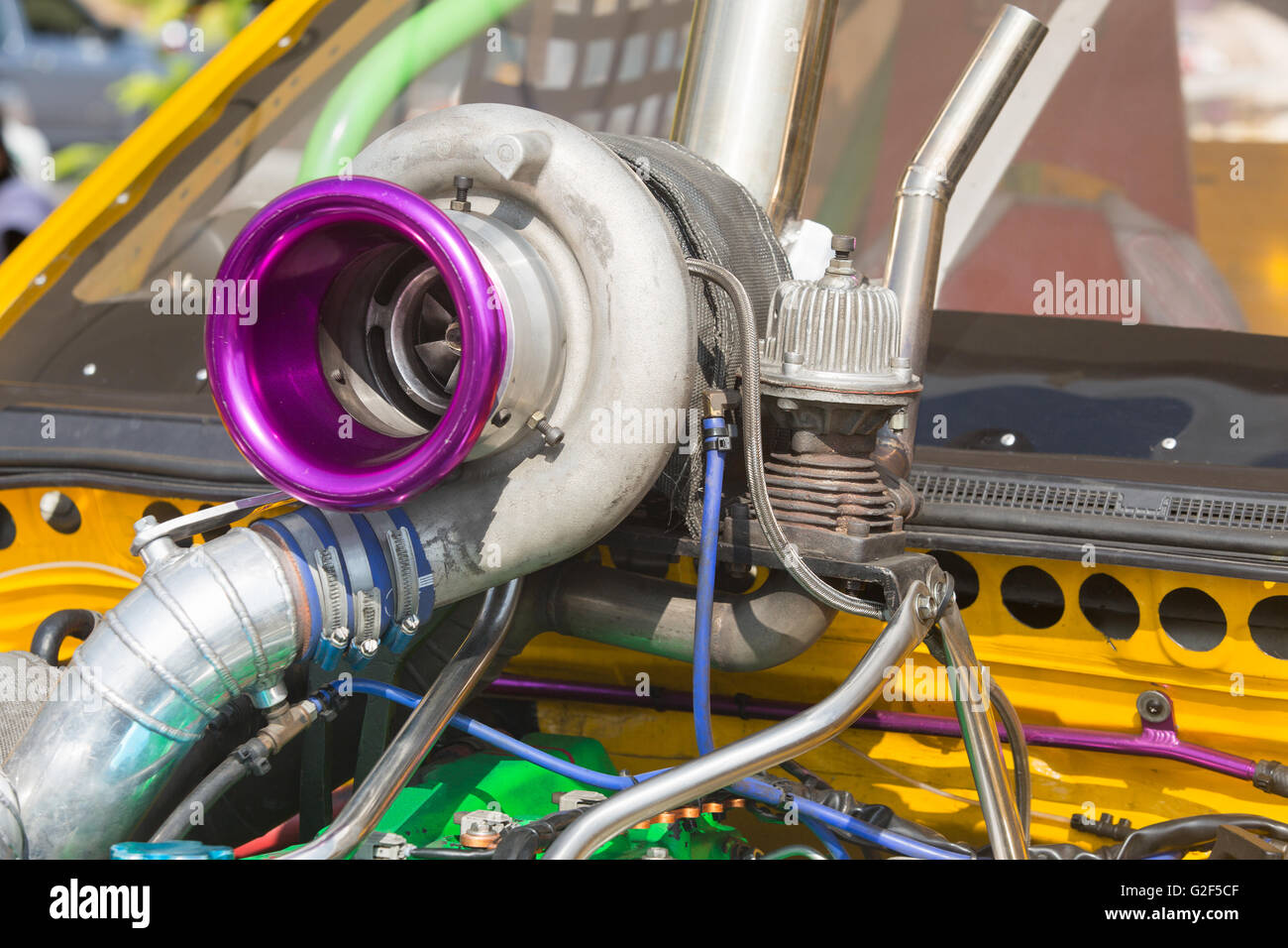 Turbocharger in diesel racing car engine Stock Photo
