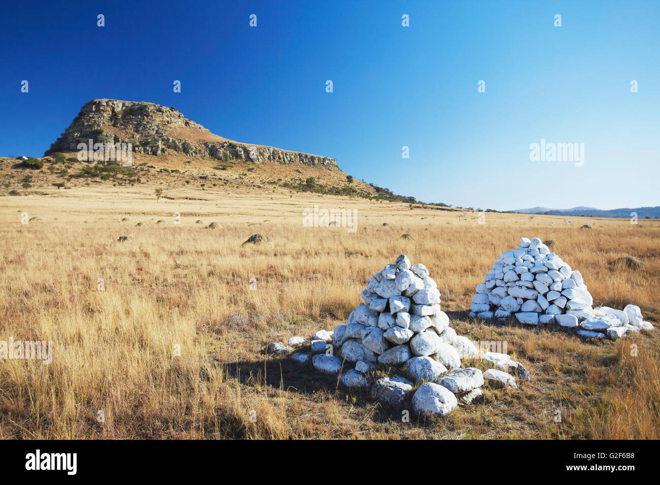 White stone cairns (memorial) at Isandlwana, Thukela, KwaZuluNatal