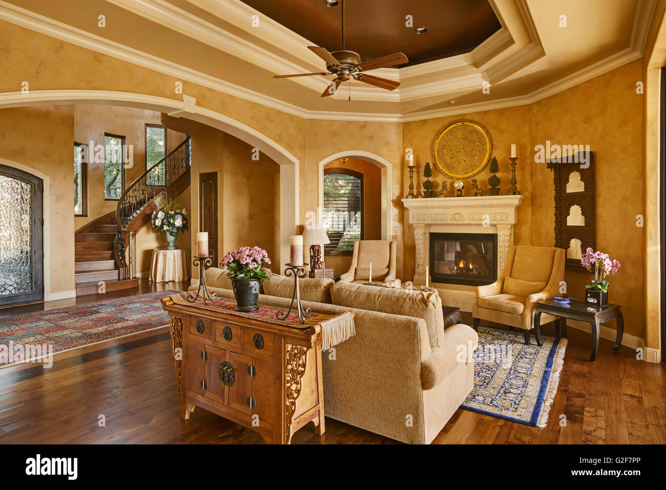 Traditional Living Room in Upscale Home Stock Photo