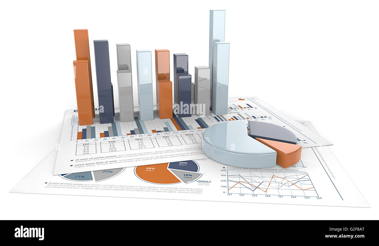 3D render of financial documents with graphs and pie charts. Calm Colors. Stock Photo