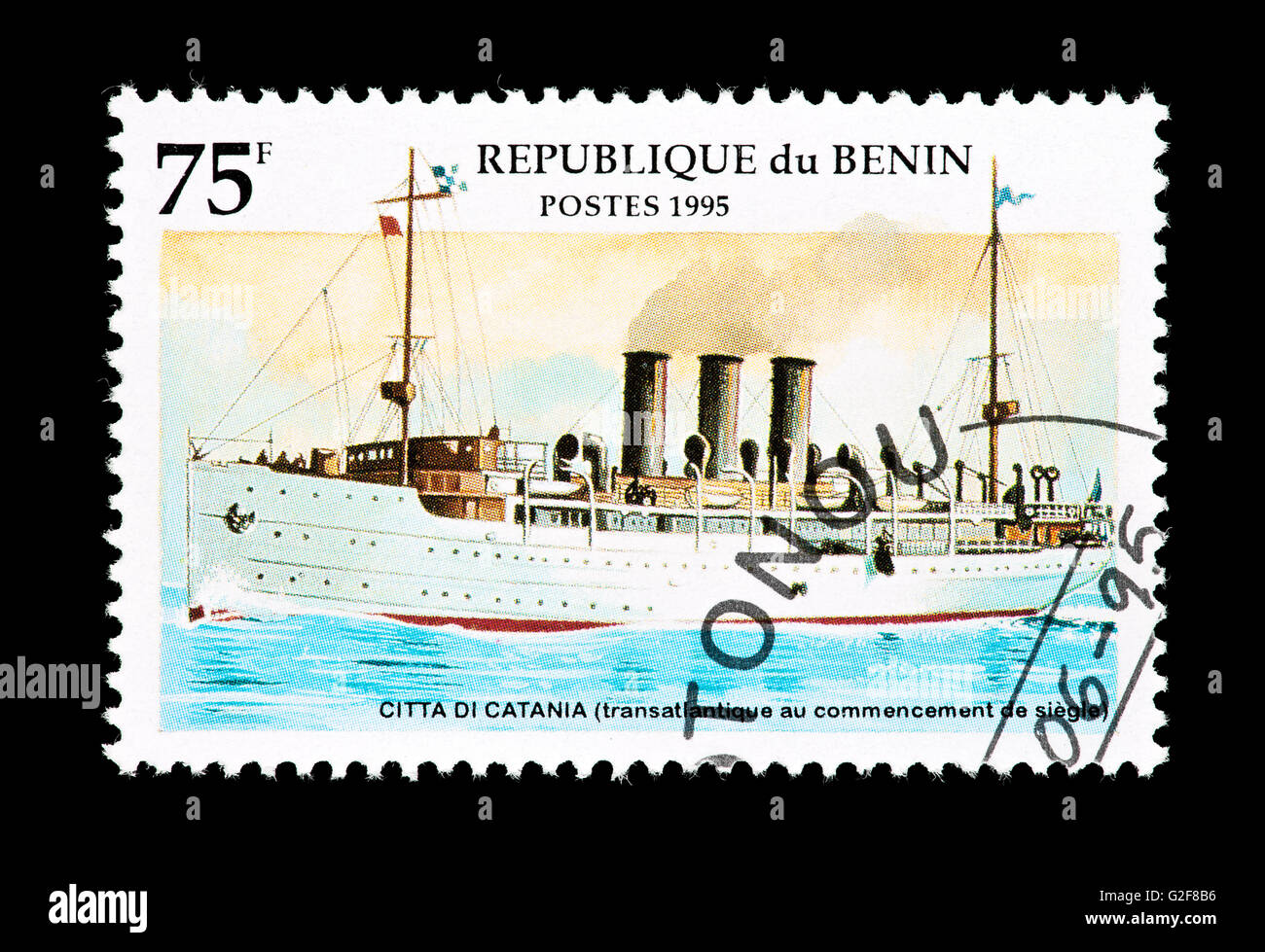 Postage stamp from Benin depicting the transatlantic steamship Citta de Catania Stock Photo