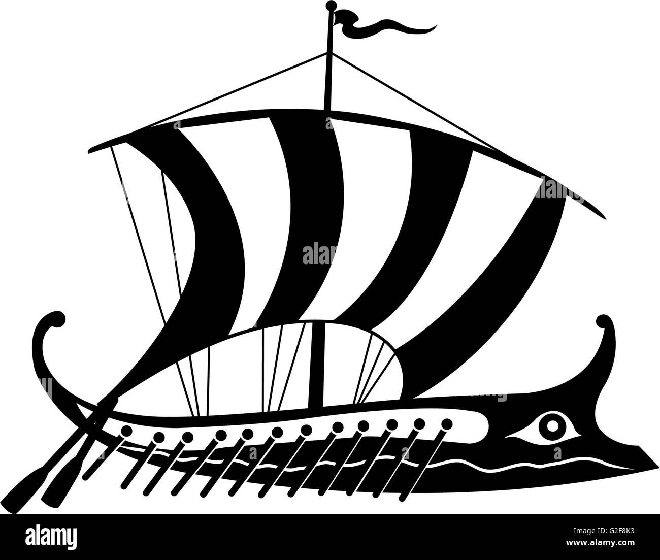Ancient Greek trireme black and white isolated on white background. Stock Vector