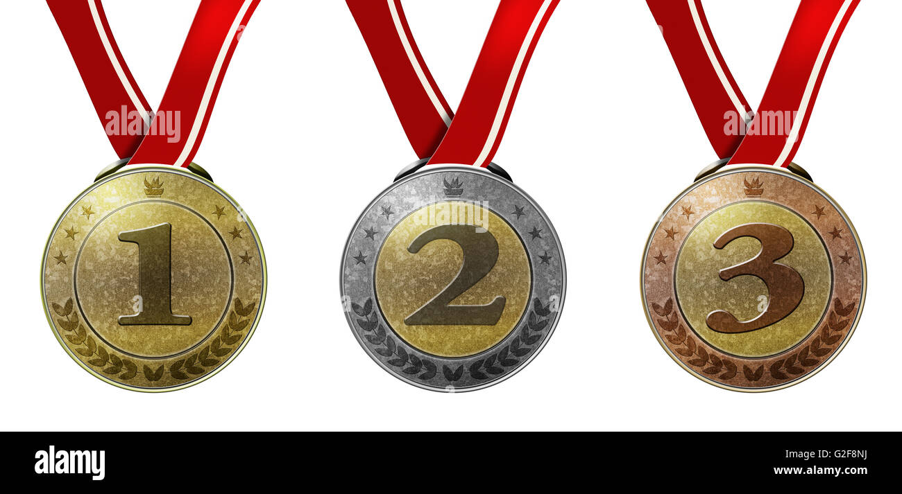 Set of three medals, gold, silver and bronze, with numbers and red ribbon. Metal galvanizing
