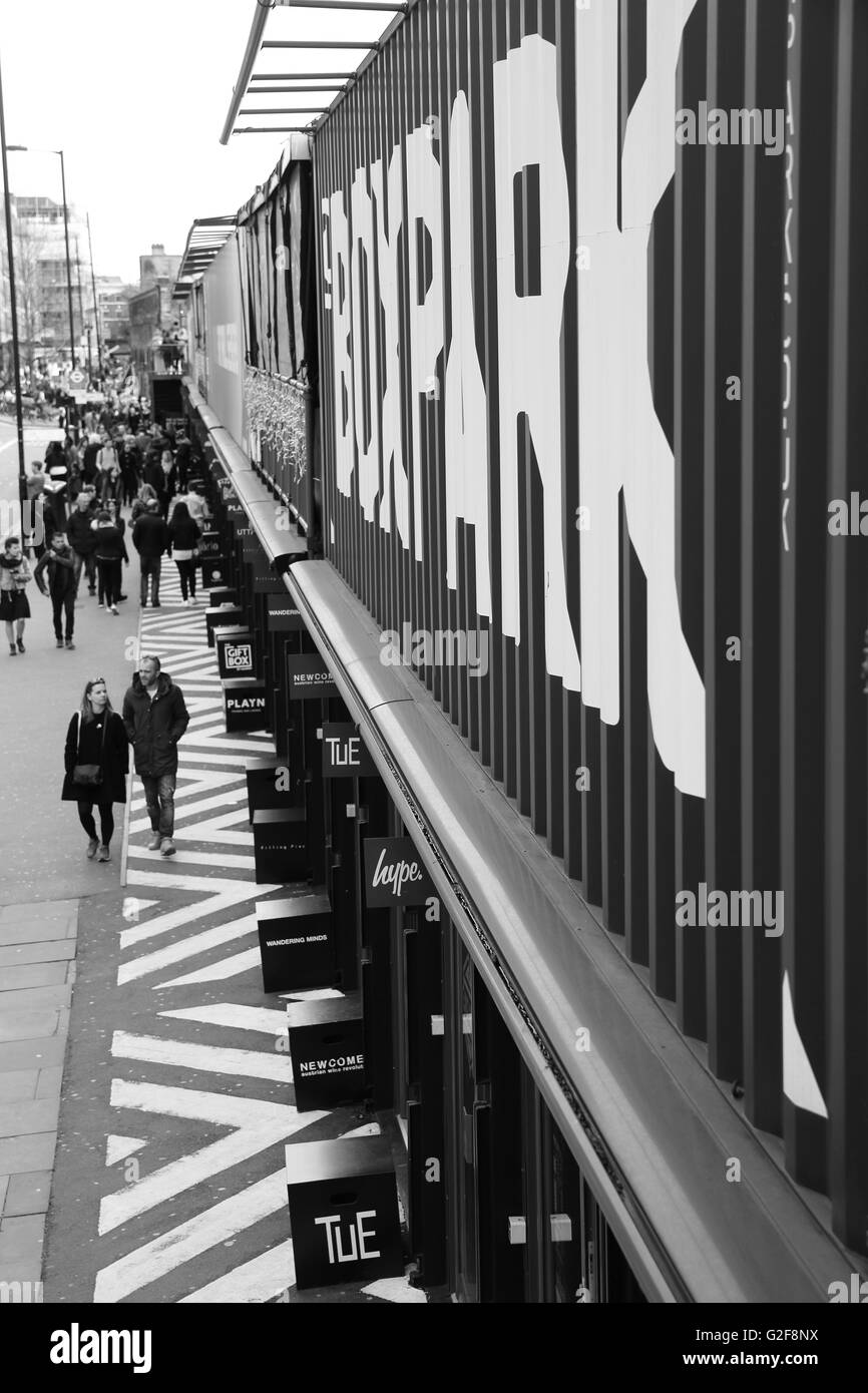 Boxpark in trendy Shoreditch, east London, a shipping container popup mall, with fashion and