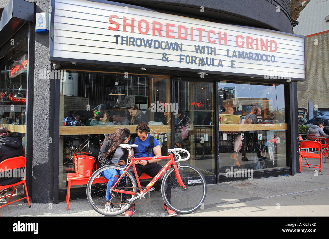 The Shoreditch Grind, a coffee shop and bar, with a 1950s dinerstyle facade, on Old Street