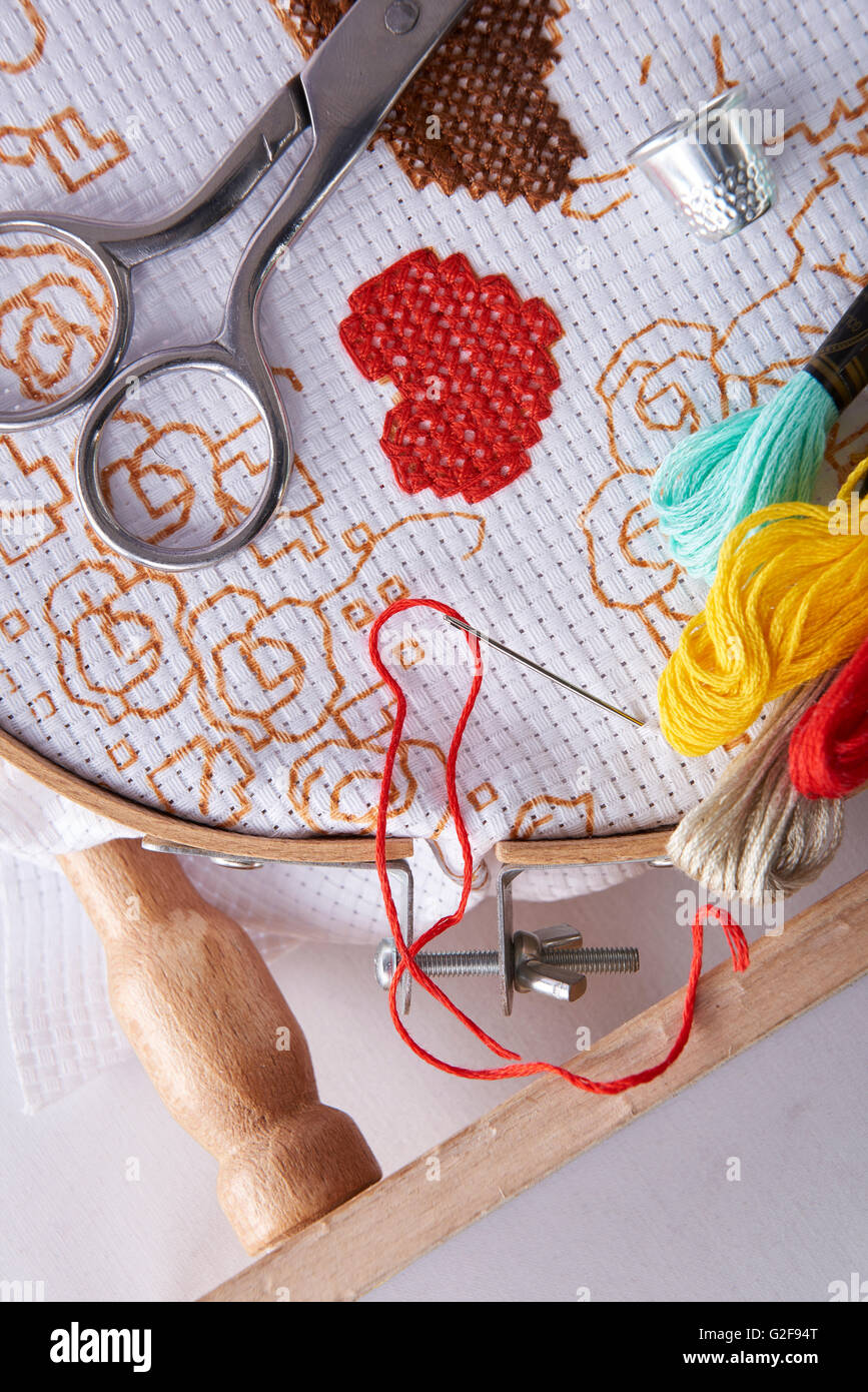 Tools for embroidery on embroidery frame top view. Horizontal