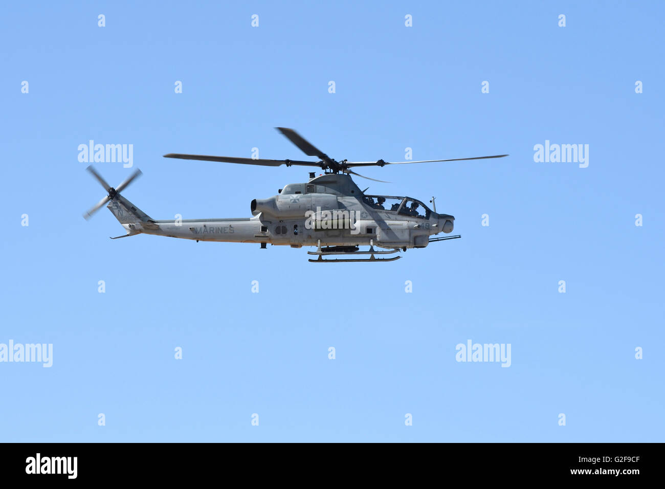 A U.S. Marine Corps AH-1Z Viper attack helicopter in flight above Nevada. Stock Photo