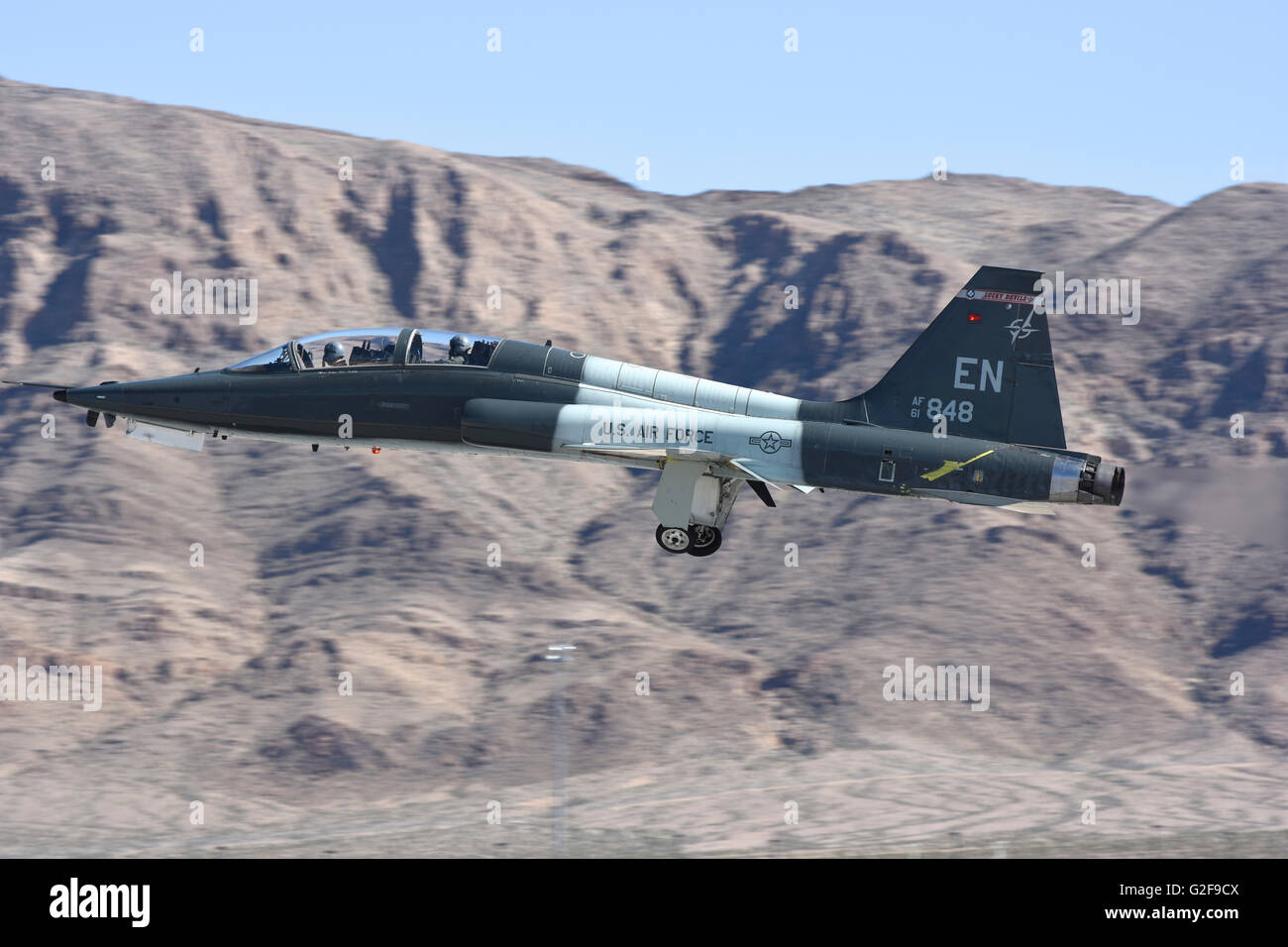 A T-38C from 80th Flying Training Wing of the U.S. Air Force, taking off from Nellis Air Force Base, Nevada, during exercise Red Stock Photo