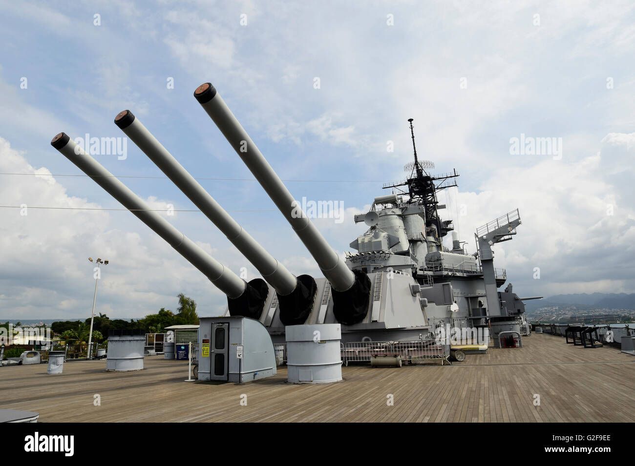 Mark 7 16inch (50 caliber) gun barrels on deck of battleship USS Missouri, Pearl Harbor, Oahu