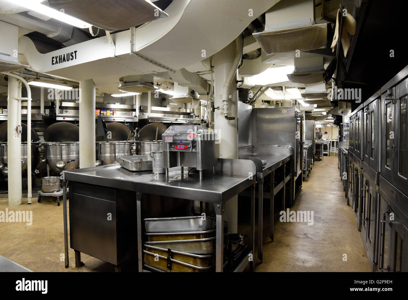 Commercial kitchen aboard battleship USS Missouri, Pearl Harbor, Oahu, Hawaii. Stock Photo