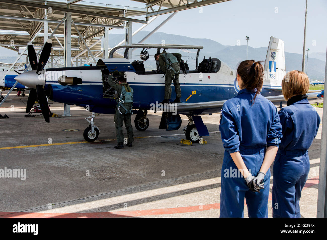 A T-6 Texan trainer of the Hellenic Air Force is readied to fly, Kalamata, Greece. Stock Photo