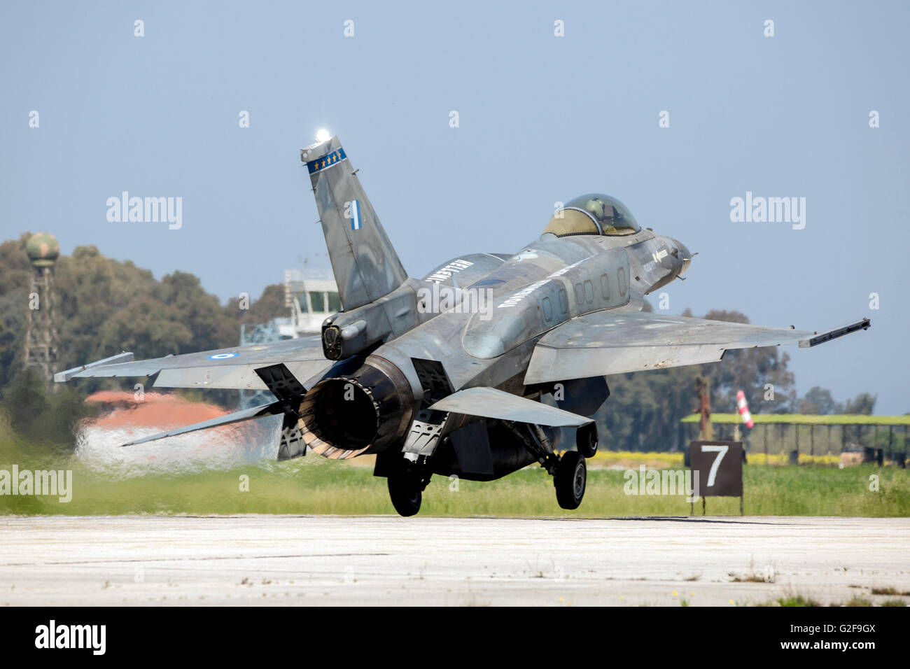 A Hellenic Air Force F-16C Block 52 landing on runway during joint exercise INIOHOS 2016 in Andravida, Greece. Stock Photo