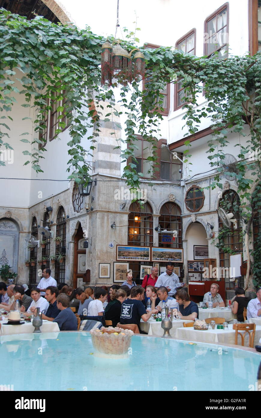 Damascus - Beit Jabri Restaurant, View Of Inner Courtyard And Pool Stock Photo