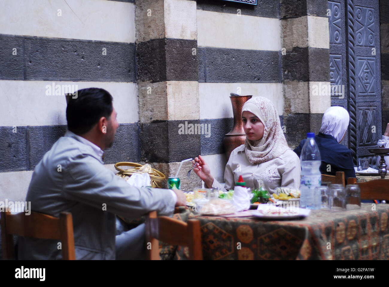 Damascus - Beit Jabri Restaurant, Couple Having Lunch Stock Photo