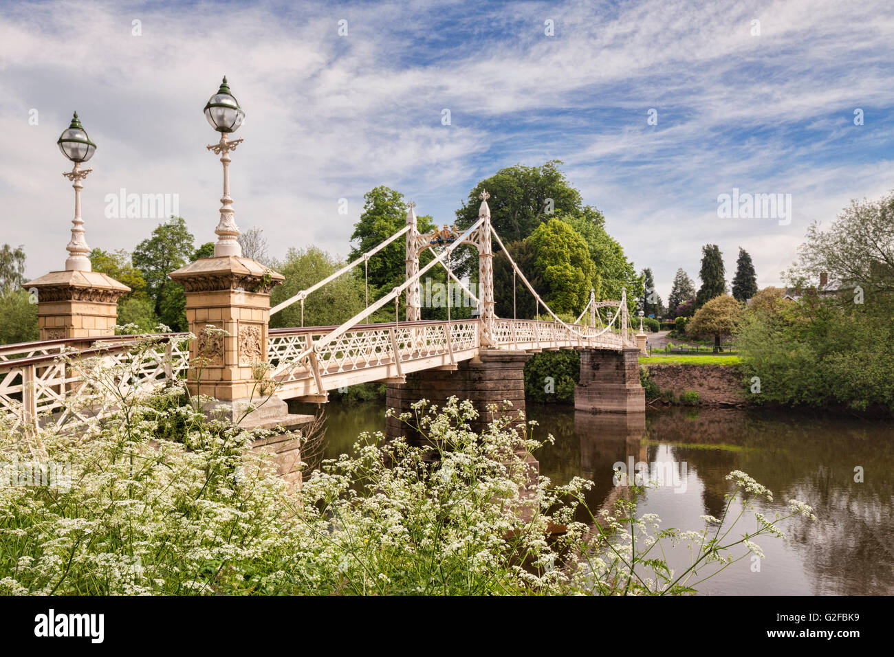 Victoria Bridge, a footbridge over the River Wye in Hereford, with Cow Parsley (Anthriscus Sylvestris) in the foreground, Herefo Stock Photo