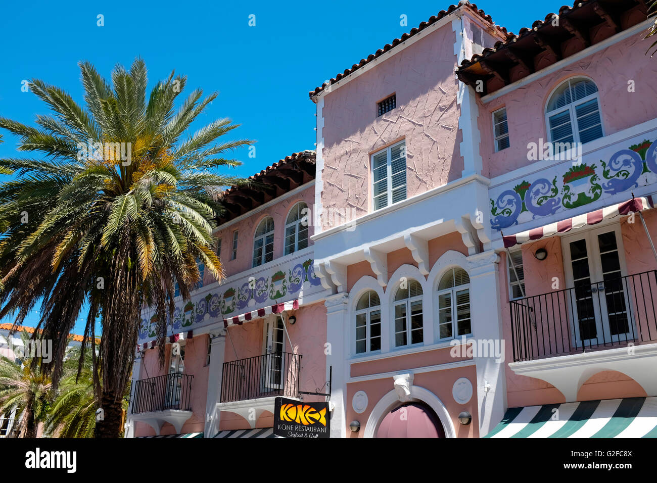 Restaurants hotels and shops on Espanola Way, a Mediterranean style street in South Beach Miami