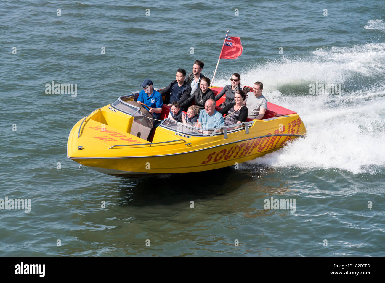 Jetboat speedboat on the Marine Lake at Southport. Merseyside North West Engalnd. Stock Photo