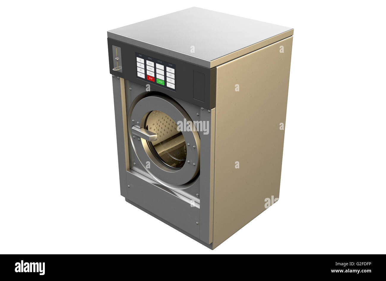 A 3D render of an industrial washing machine on an isolated white studio background Stock Photo
