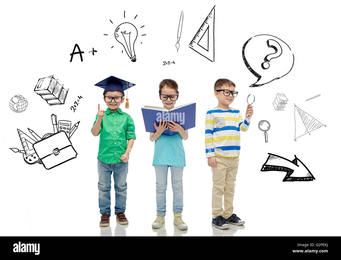 kids in glasses with book, lens and bachelor hat Stock Photo