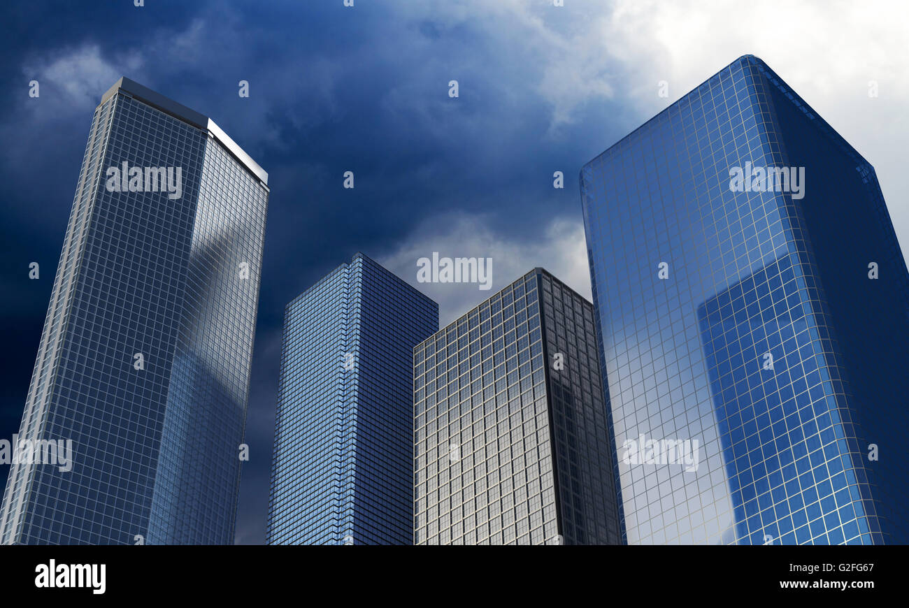 Skyscrapers under the dramatic sky. Modern glasses buildings. Stock Photo