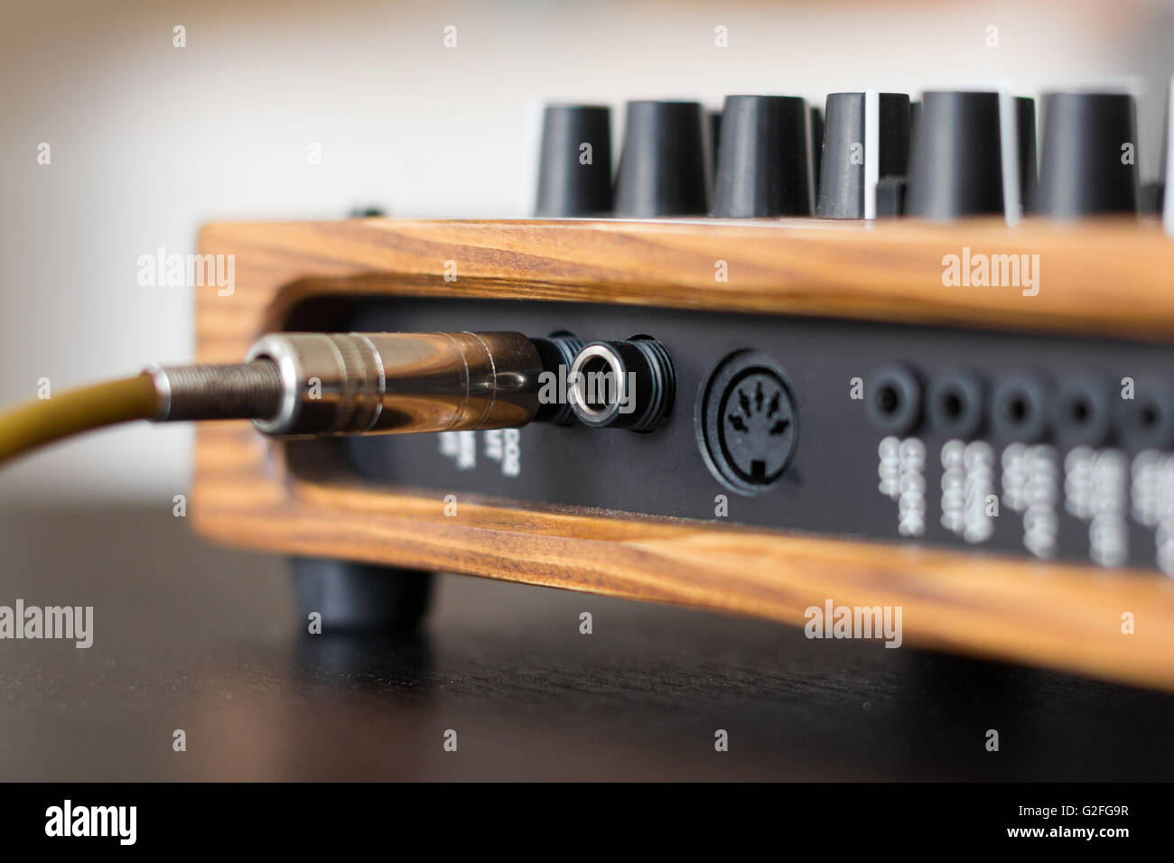 Jack plug cable on synthesizer macro Stock Photo