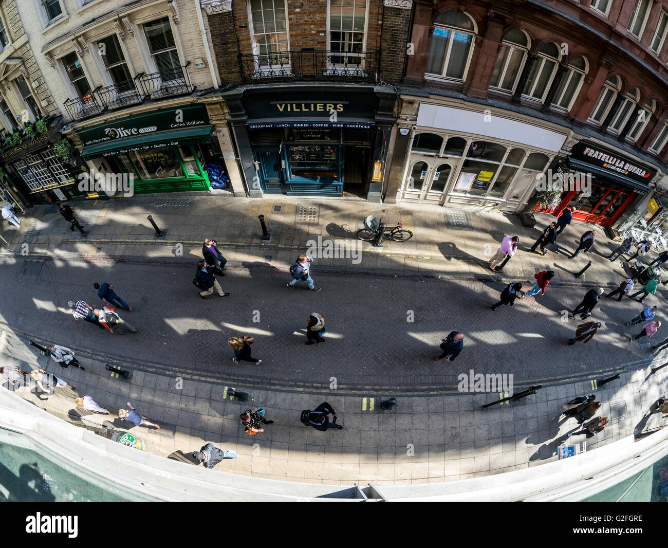 Street photography taken with a Fisheye Lens, Craven Street, London Stock Photo