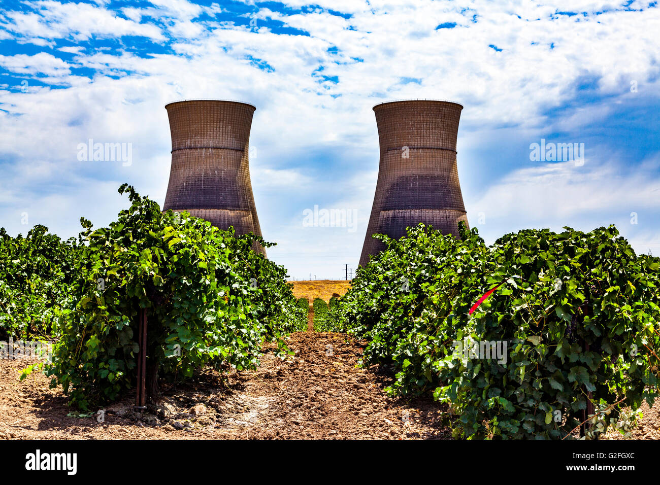 Cooling towers for the Rancho Seco nuclear power plant near Sacramento California Stock Photo