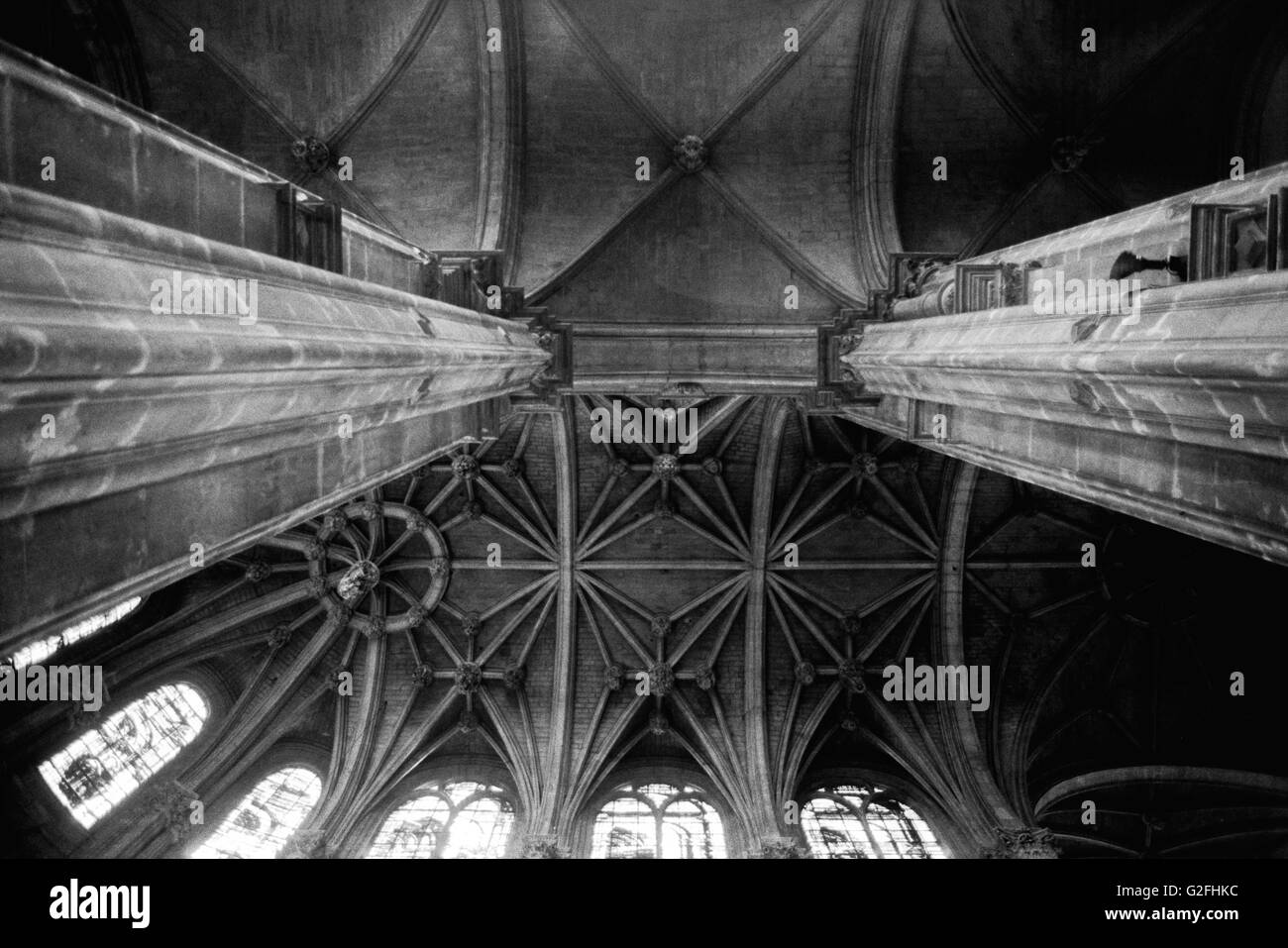 Vaulted Ceiling between Two Columns, Church, Low Angle View, Paris, France Stock Photo