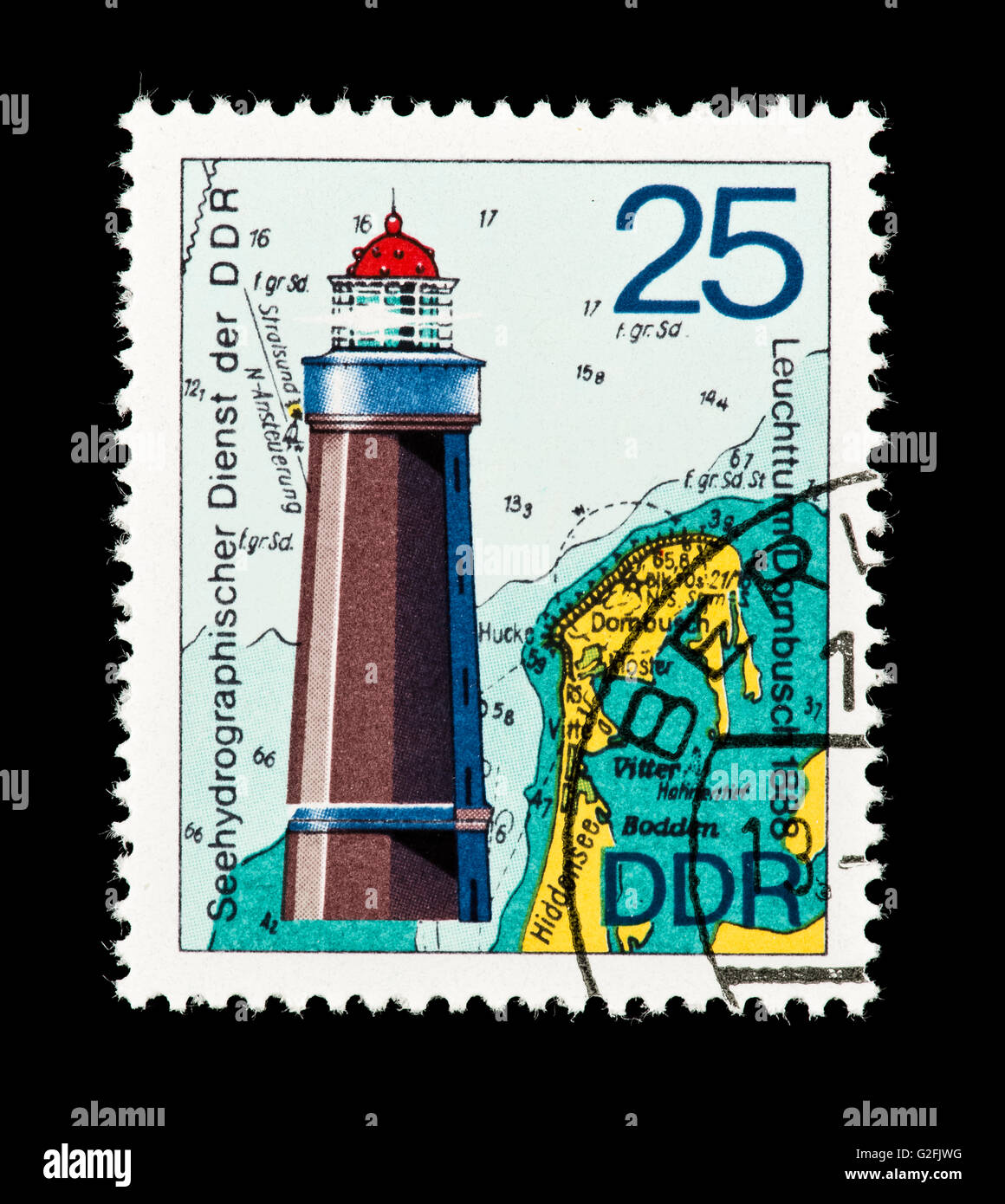 Postage stamp from East Germany (DDR) depicting the Dornbush lighthouse from 1888, hydrographic society of the DDR. Stock Photo