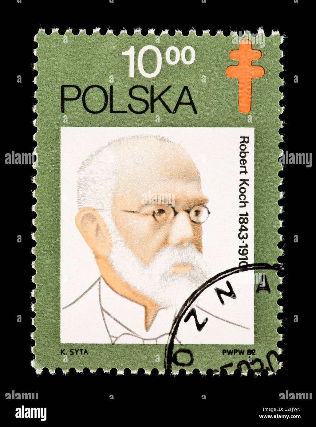 Postage stamp from Poland depicting Robert Koch, bacteriologist and discoverer of the bacterium Mycobacterium tuberculosis Stock Photo