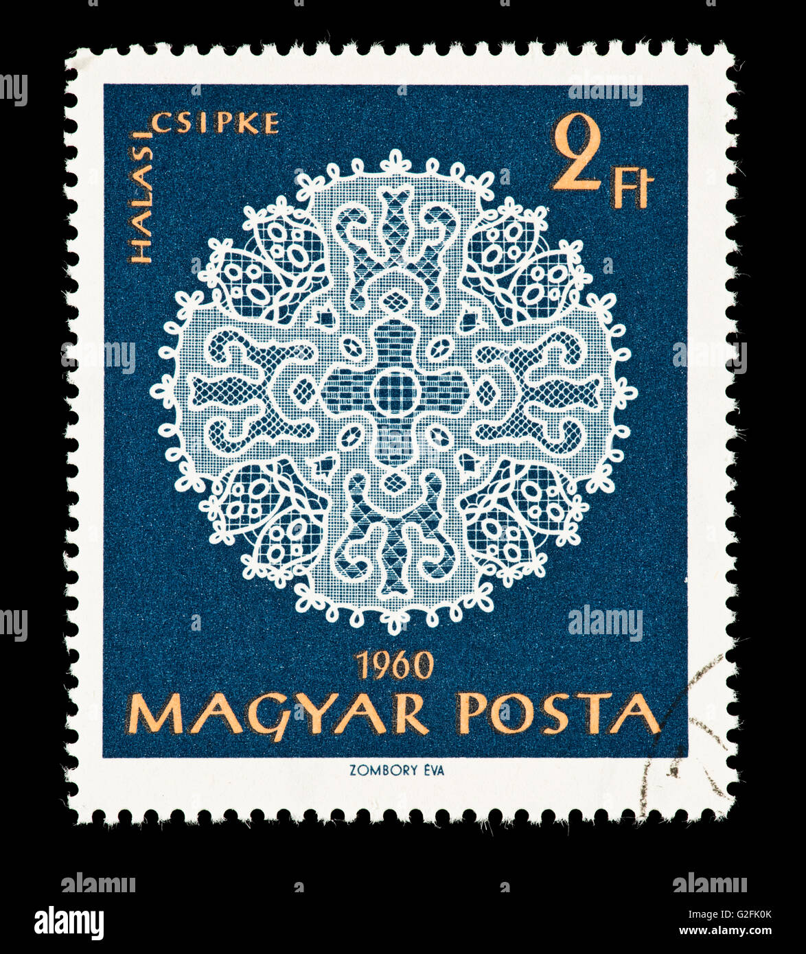 Postage stamp from Hungary depicting a Halas lace pattern. Stock Photo