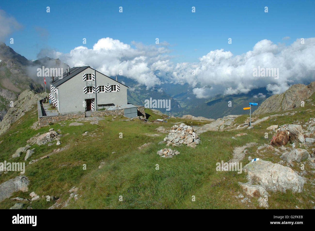 Grindelwald, Switzerland - August 21, 2014: Glecksteinhutte mountain hostel nearby Grindelwald Alps in Switzerland. Stock Photo
