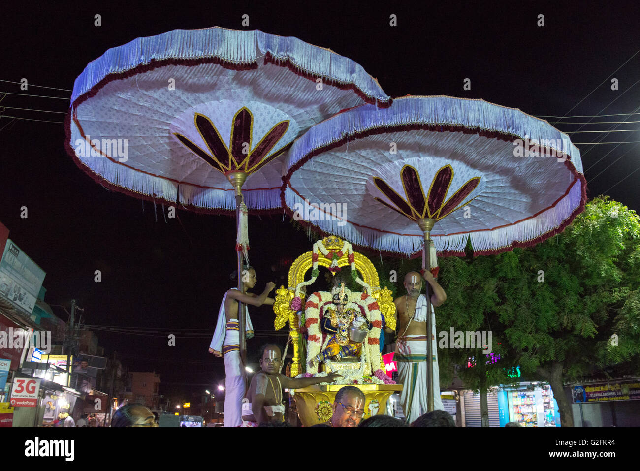 Brahmin Priests On Float (Chariot) Blessing Devotees At Night In ...