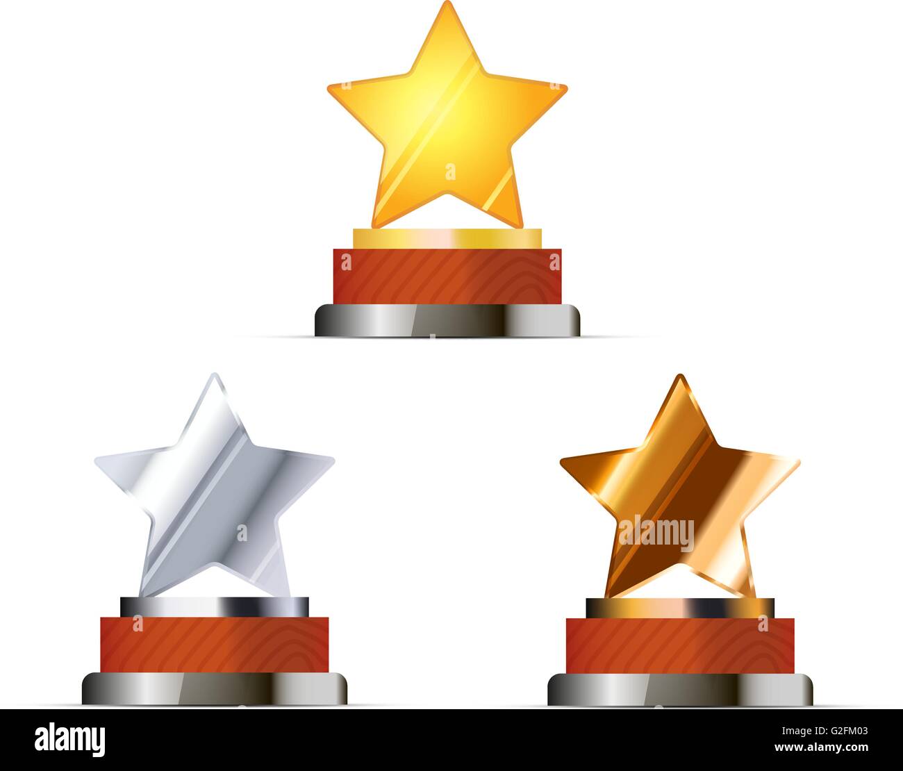 Set of awards for winners with golden, silver and bronze stars on white