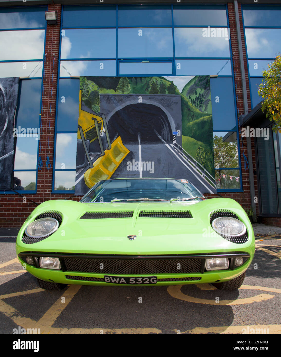 1960s 70s Lamborghini Miura, green sports car at the Pendle Power Fest, a classic, veteran and heritage motor show held at the Nelson & Colne College, Barrowford, Lancashire, UK Stock Photo